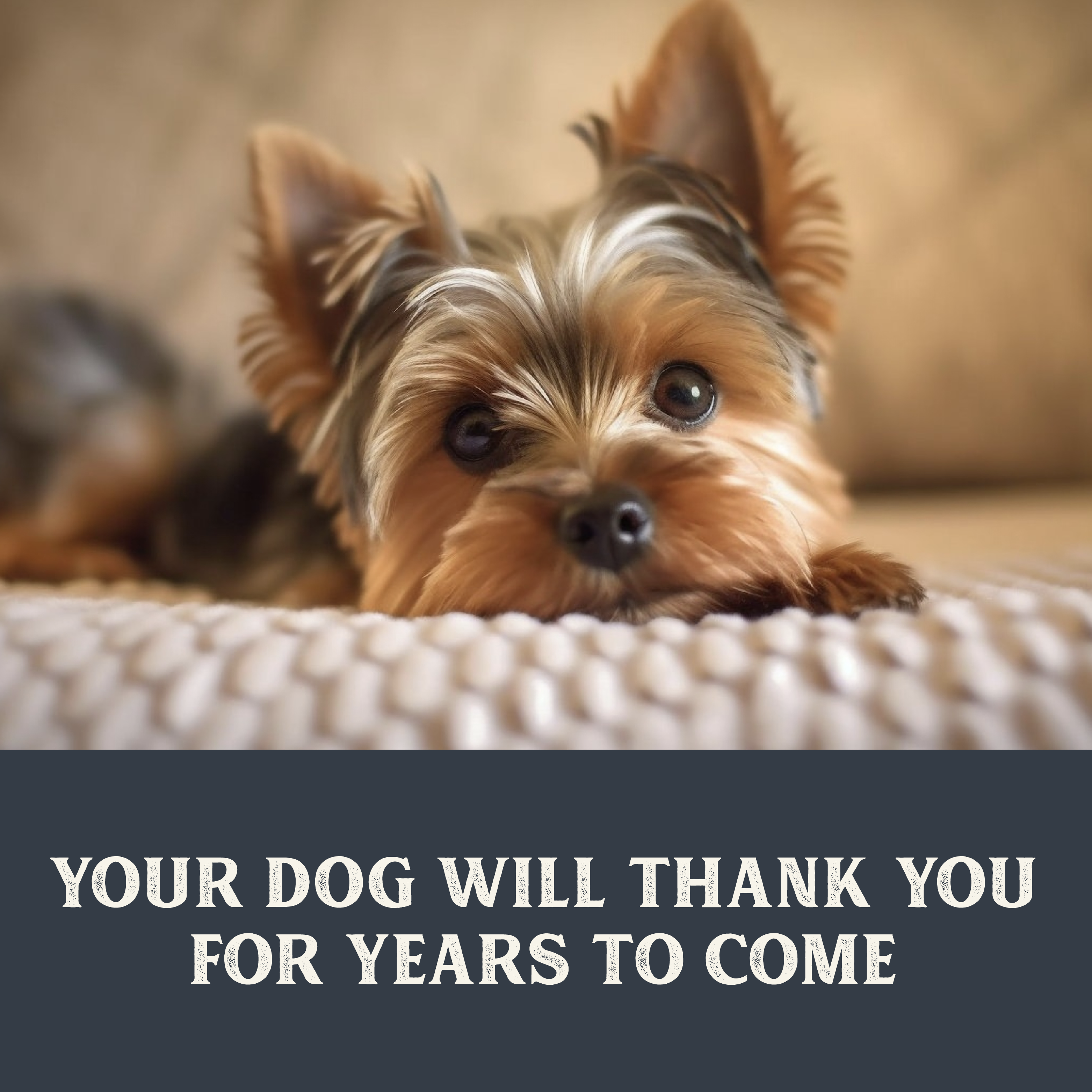 Yorkie dog laying down with text that says "your dog will thank you for years to come"