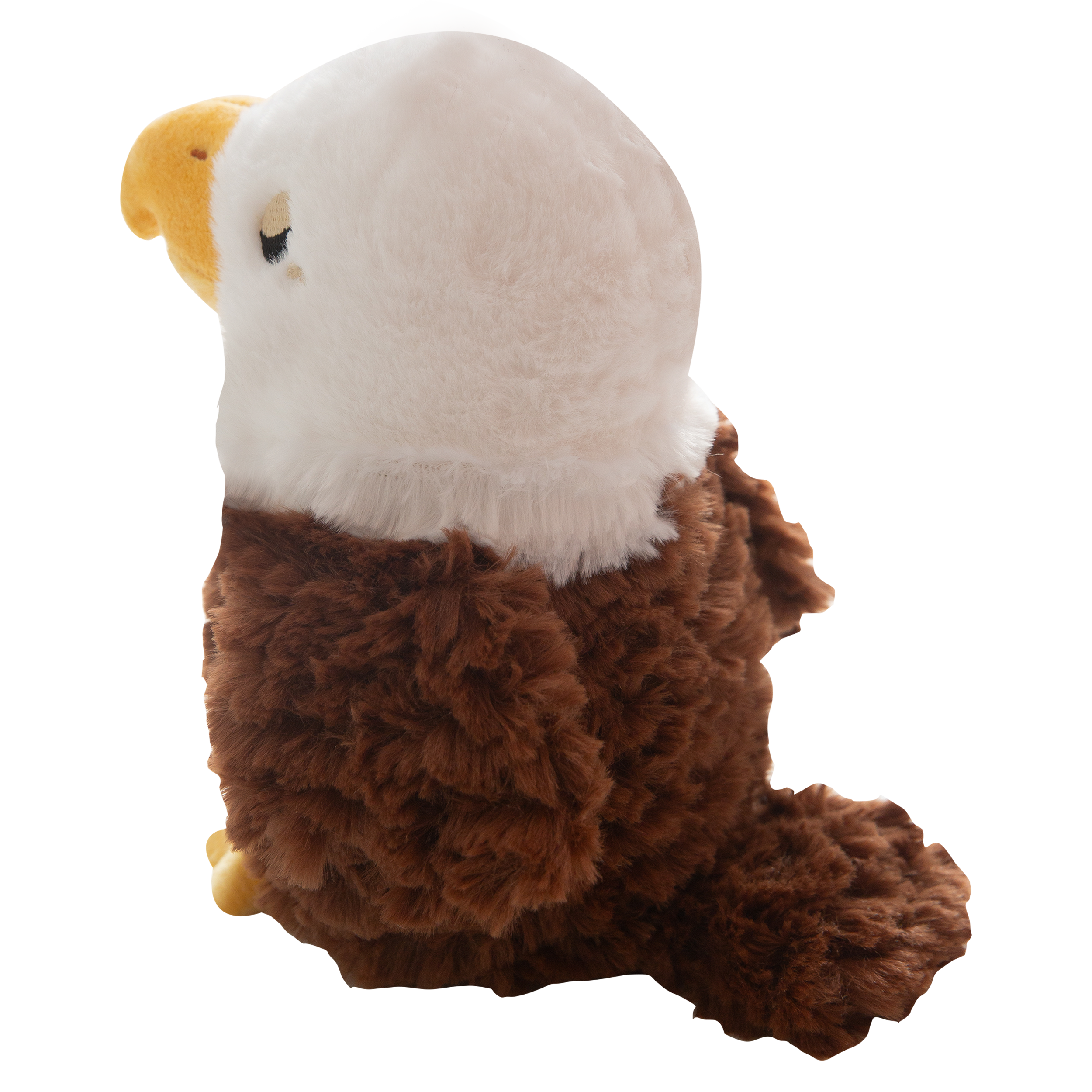 Evan the Eagle by Snugarooz is a plush dog toy featuring a white head, yellow beak and feet, brown fuzzy body, and small black eyes, shown on a plain white background.