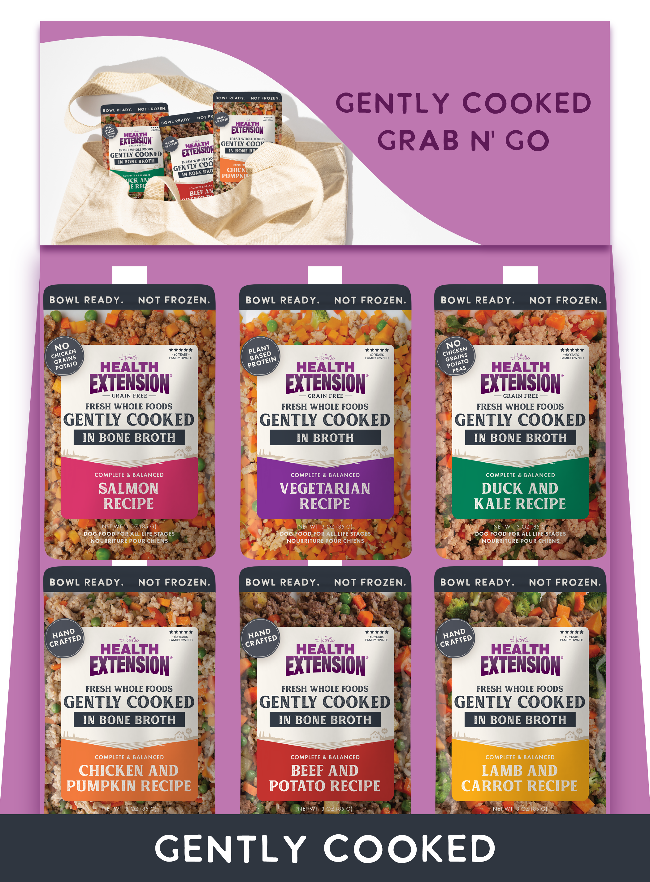 Health Extension Gently Cooked pet food packages in a display box with a purple background.