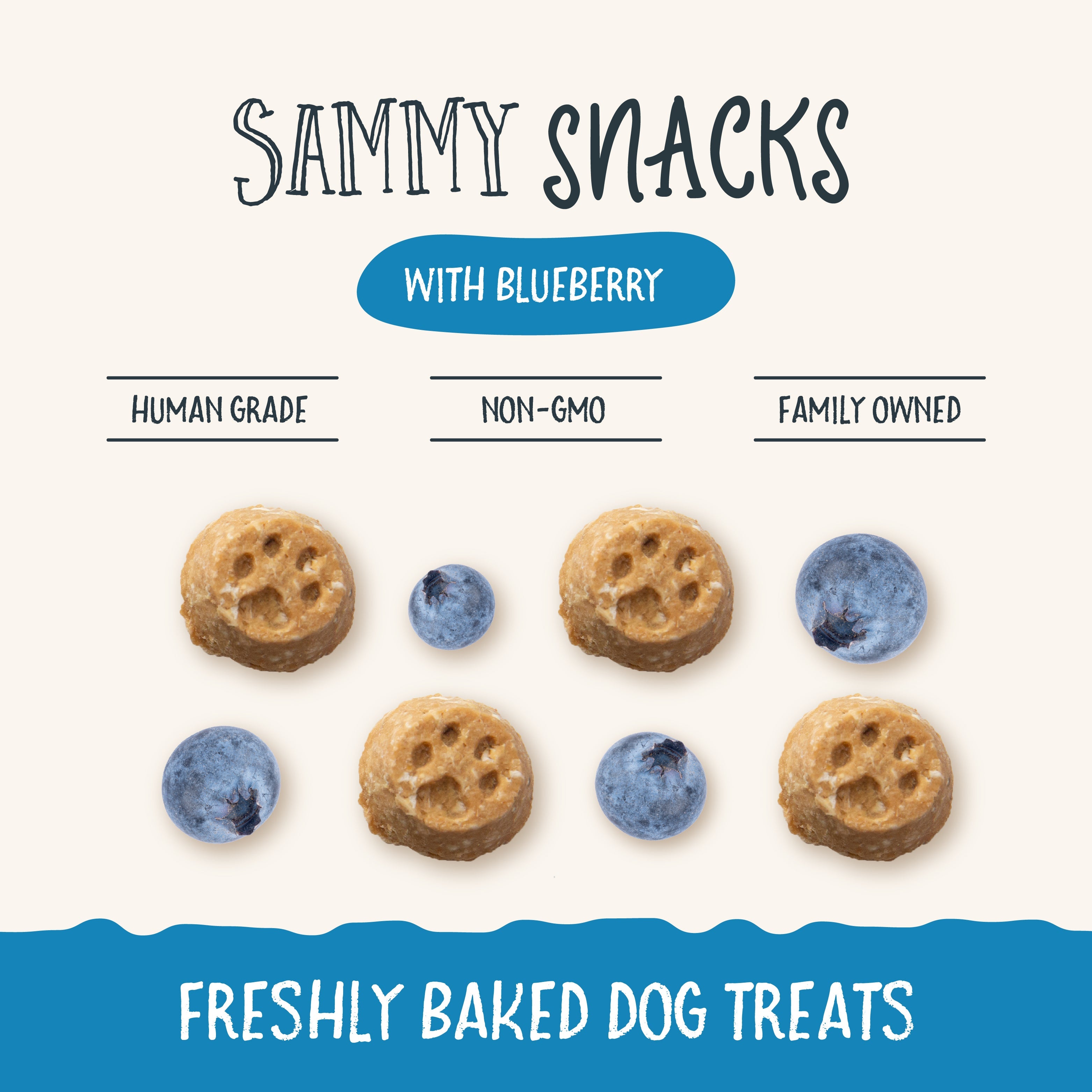 Sammy Snacks Blueberry showing the treat and how it is human grade, non-GMO, and produced by a family owned company