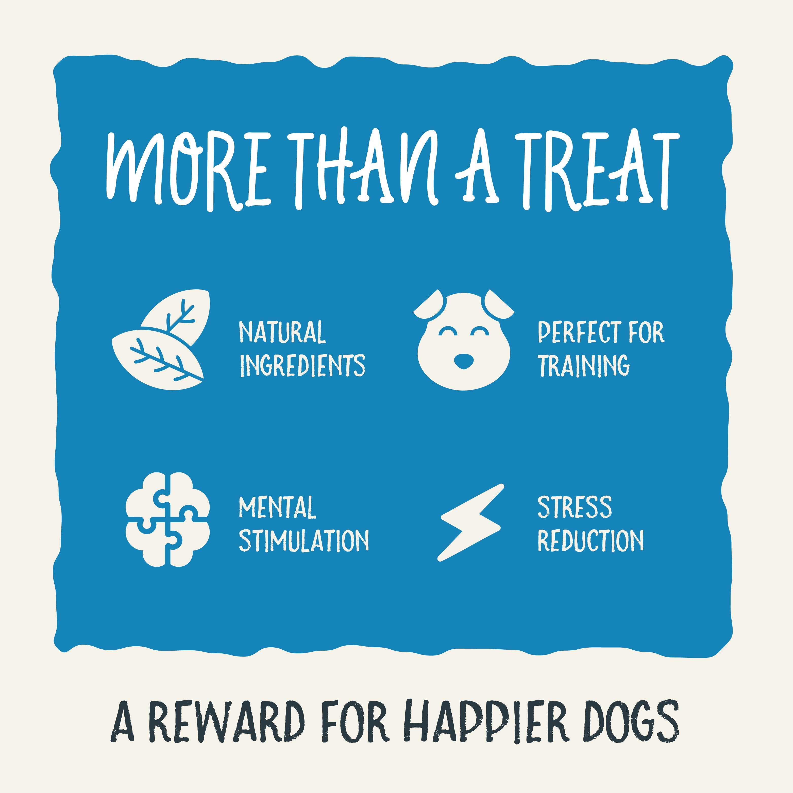 Sammy Snack graphic showing how it is more than a treat, it has natural ingredients, perfect for training, great for mental stimulation, and is stress reducing