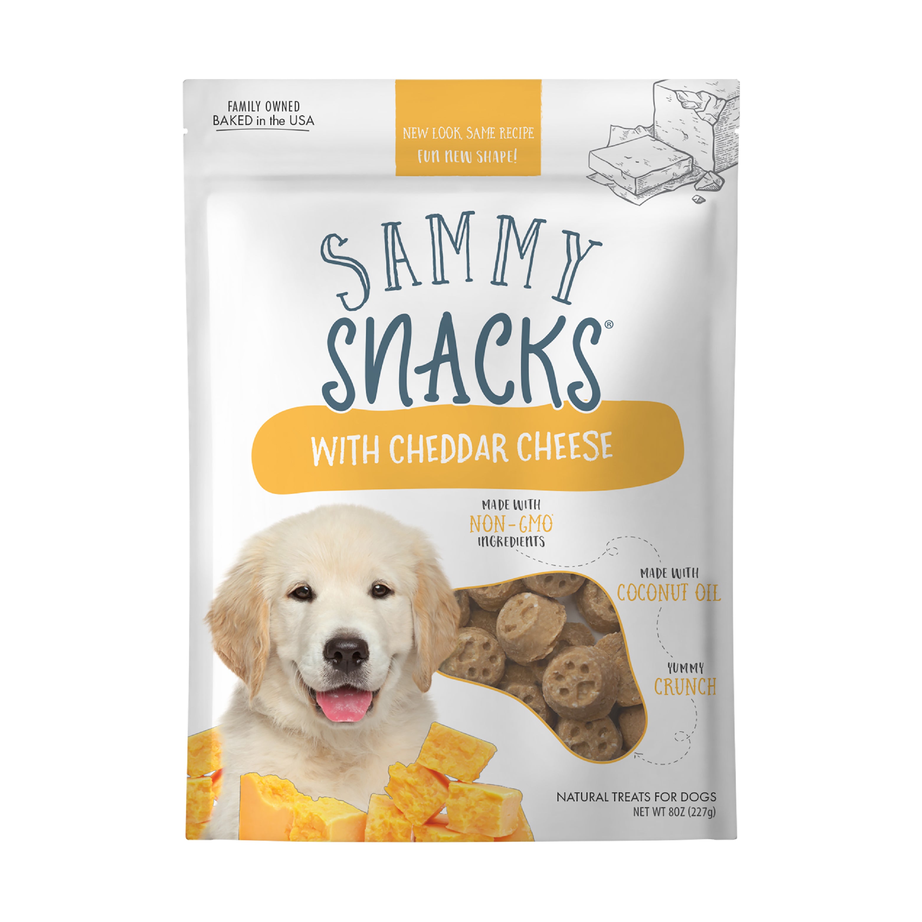 Sammy Snack Cheddar Recipe front of bag showing treat features