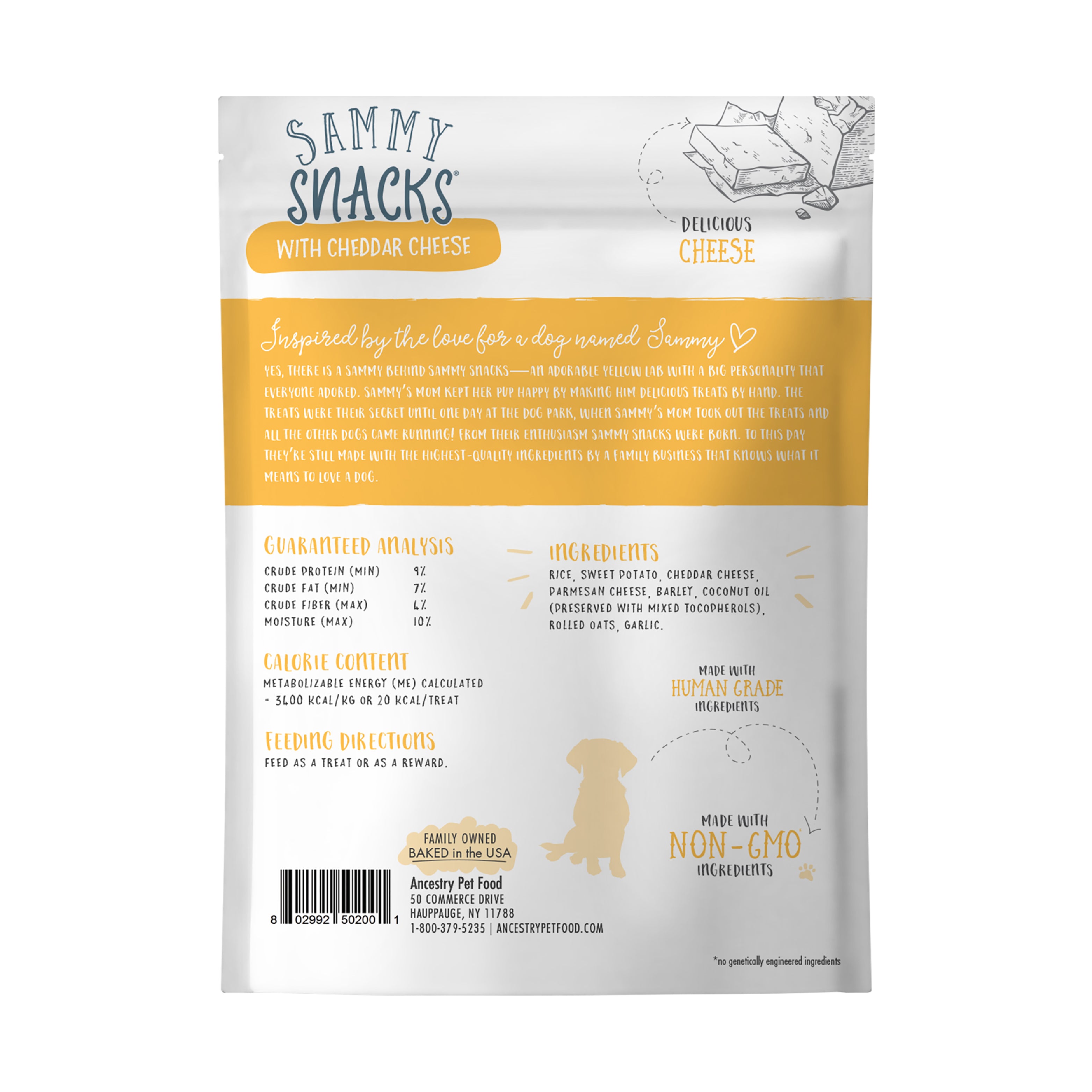 Sammy Snacks Cheddar back of bag showing guarantee analysis, calories ingredients, and feeding directions