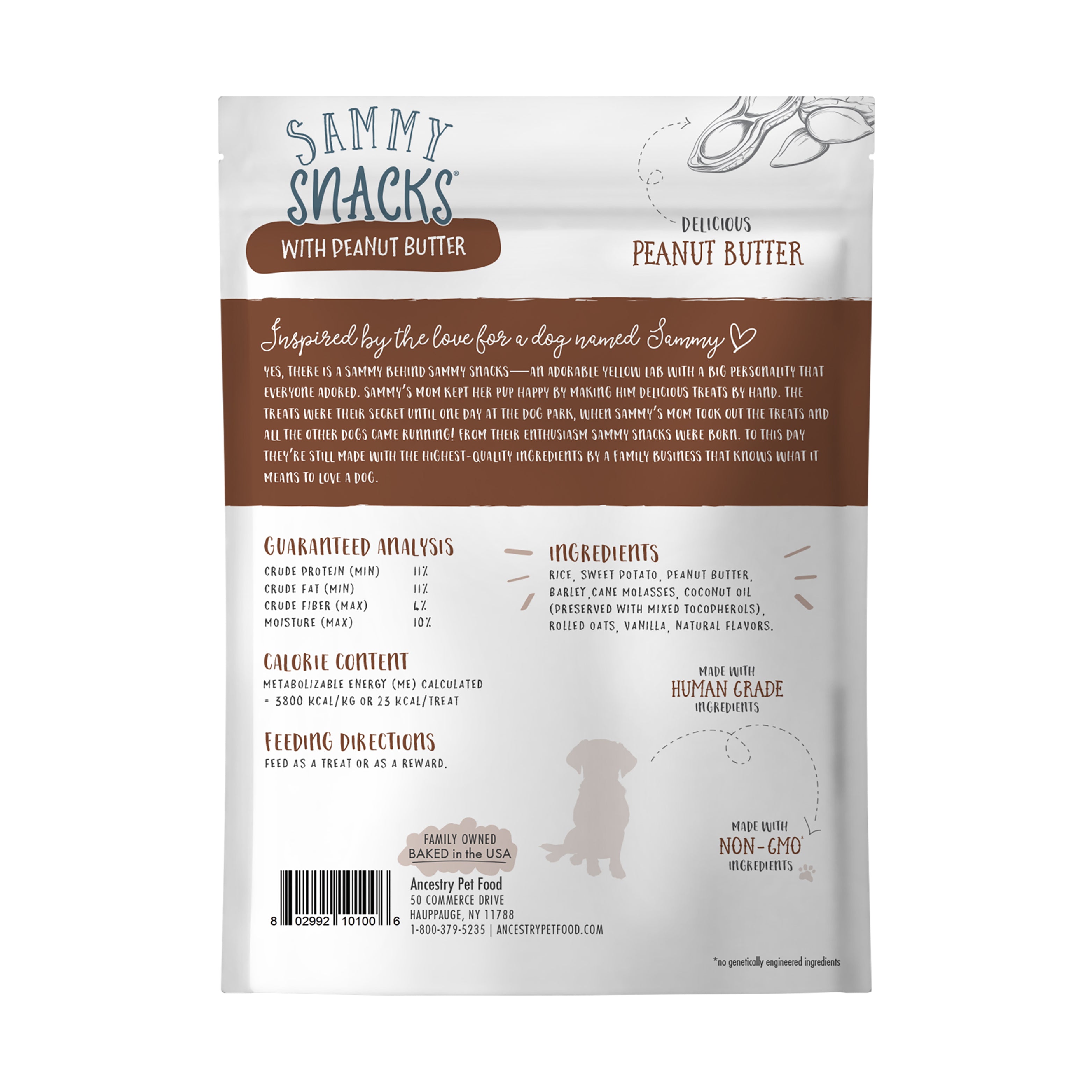 Sammy Snacks Peanut Butter back of bag showing guarantee analysis, calories ingredients, and feeding directions