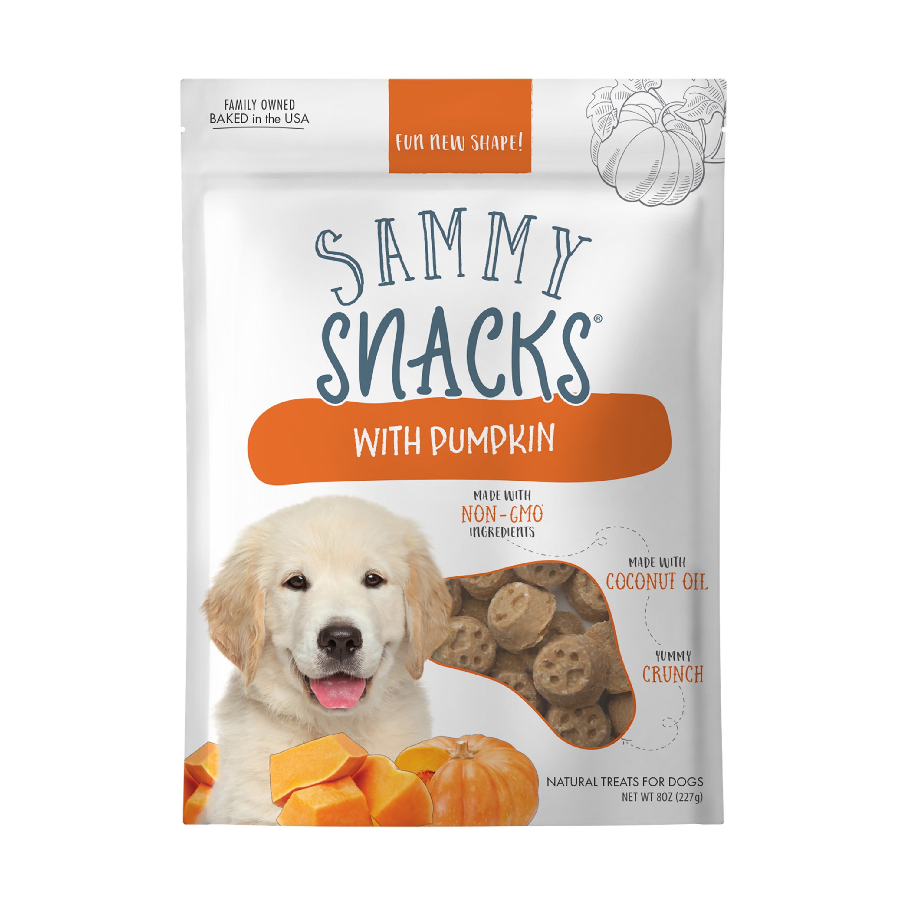 Sammy Snack Pumpkin Recipe front of bag showing treat features