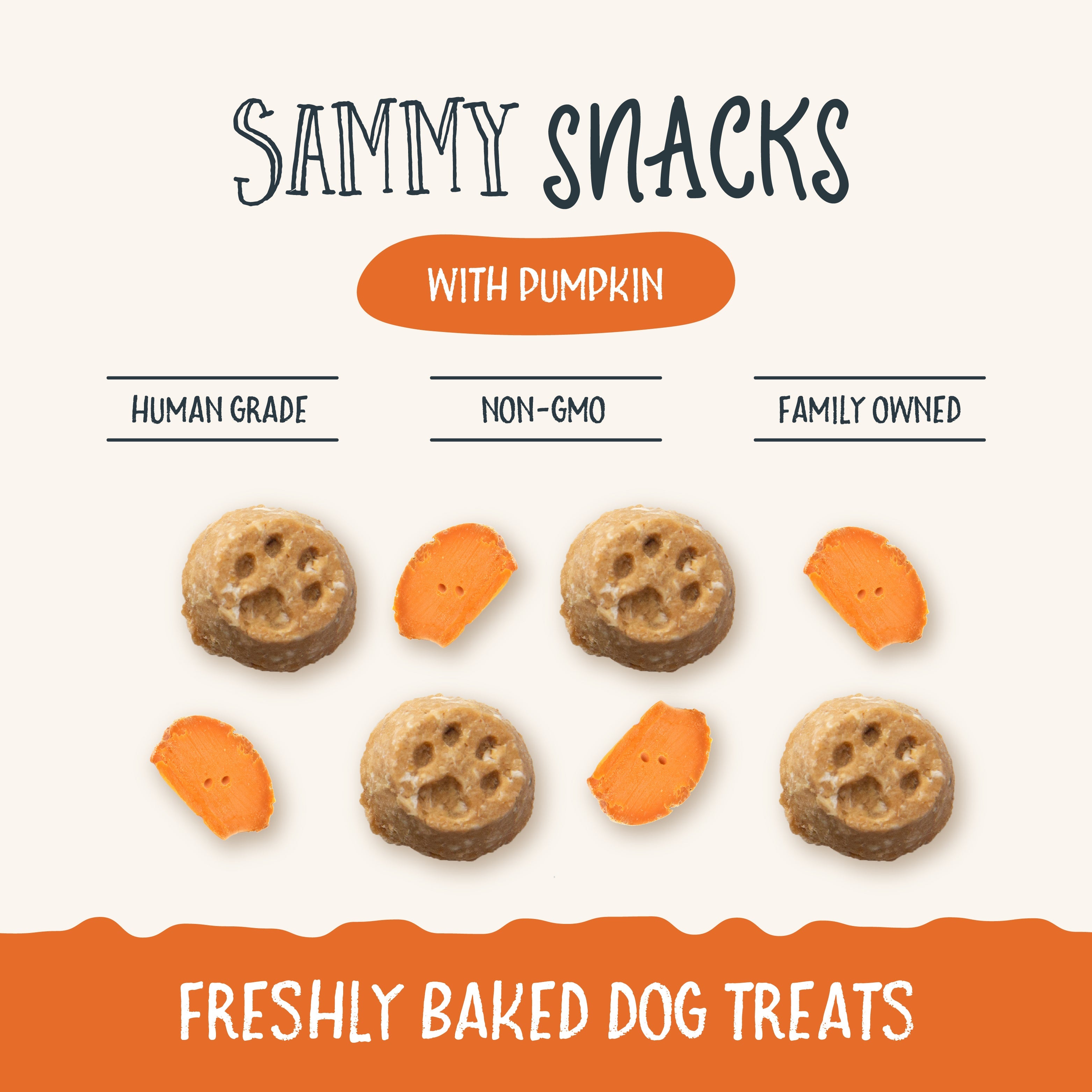 Sammy Snacks Pumpkin showing the treat and how it is human grade, non-GMO, and produced by a family owned company